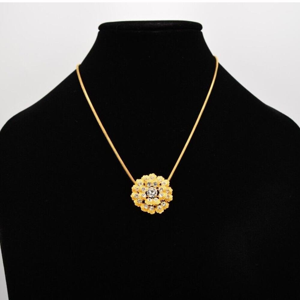 Vintage Crystal Flower Pendant Necklace Brushed Gold Rhinestone Shiny 1990s BinG